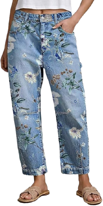 Mid Rise Barrel Leg Wash Floral Print Jeans for Women