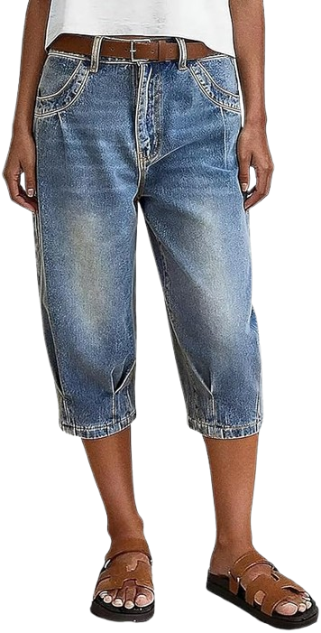 Leg Mid Rise Capri Wash Pleated Trendy Jeans for Women