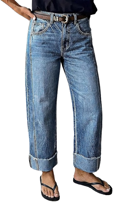Mid Rise Straight Leg Wash Seam Front Roll Jeans 