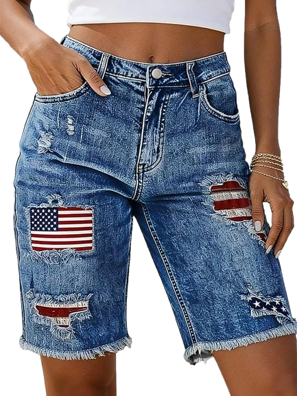 Ripped Raw Hem Knee Length Trendy Jean Shorts