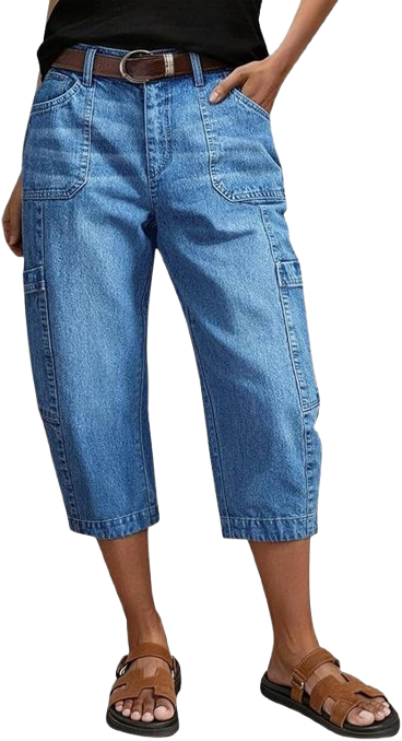  Mid Waist Cargo Capri Jeans Wash Pocket Side